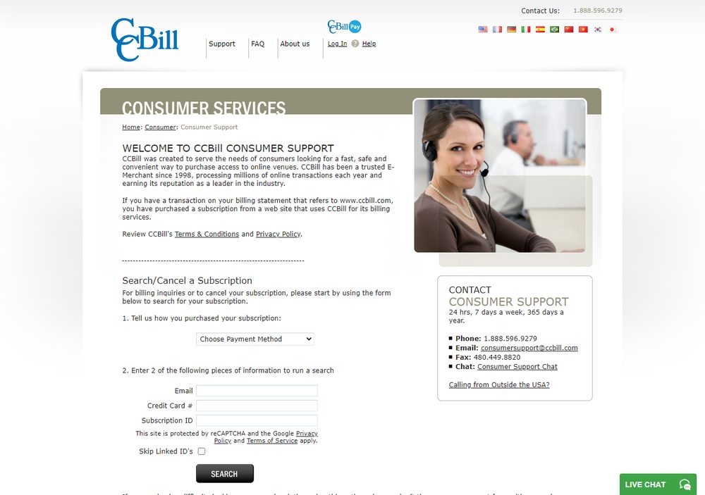 CCBill page to find and cancel a subscription